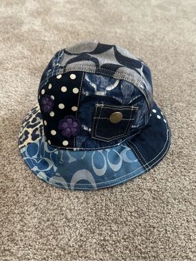 Coach Patchwork Denim Bucket Hat in Blue with Purple Accents